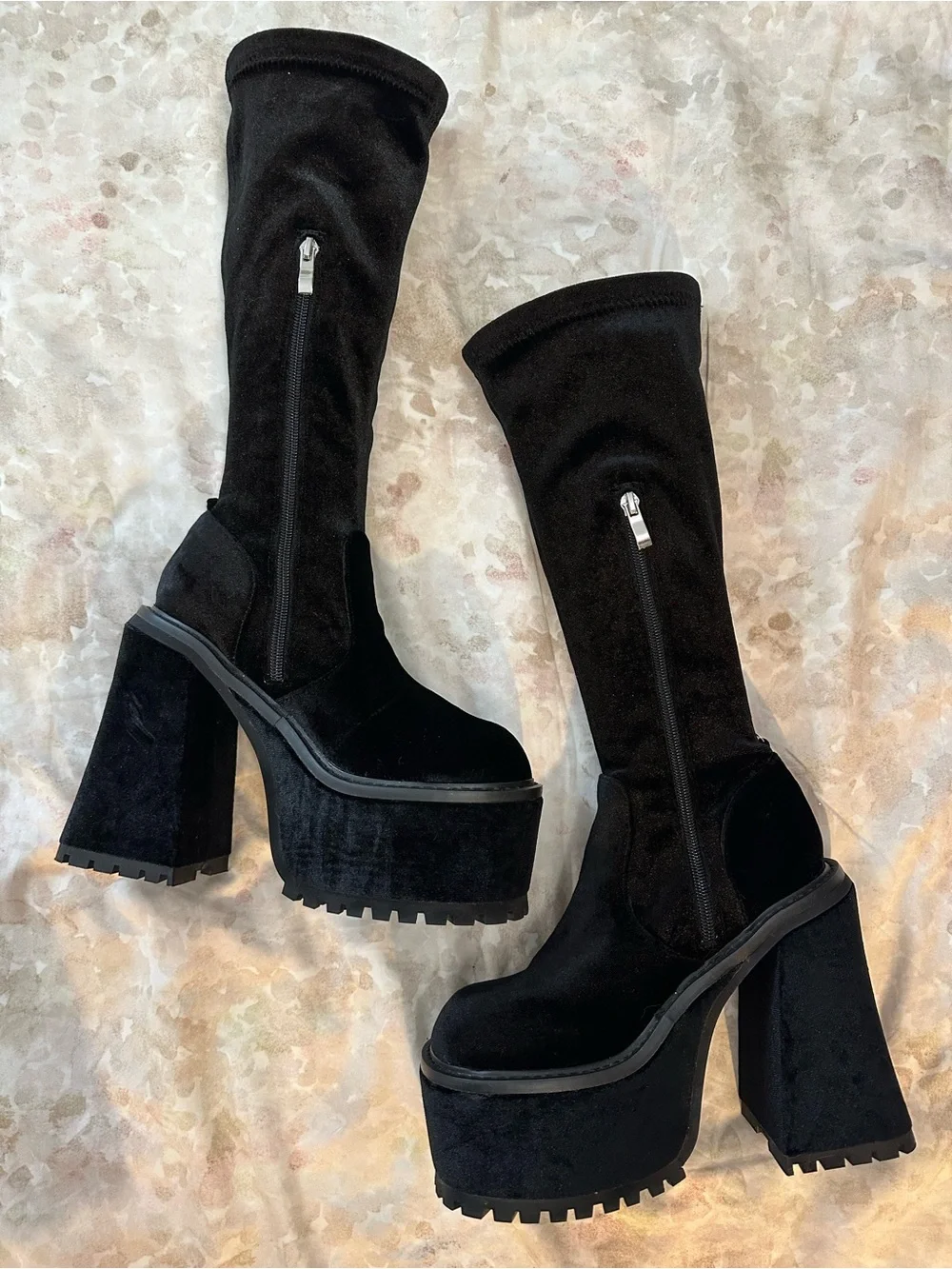 Dolls Kill Black Velvet Platform Knee-High Boots with Silver Charm Chain